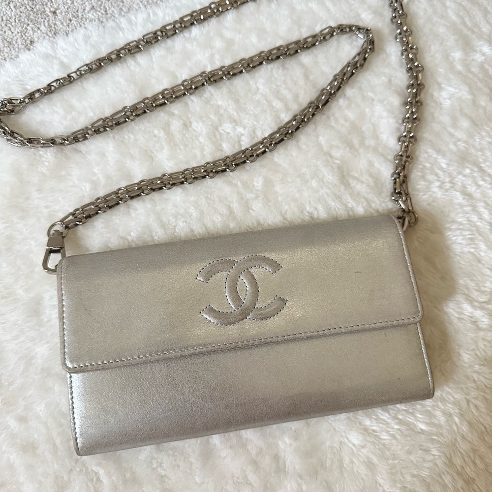 Chanel Timeless Shiny Calfskin Silver Wallet on chain